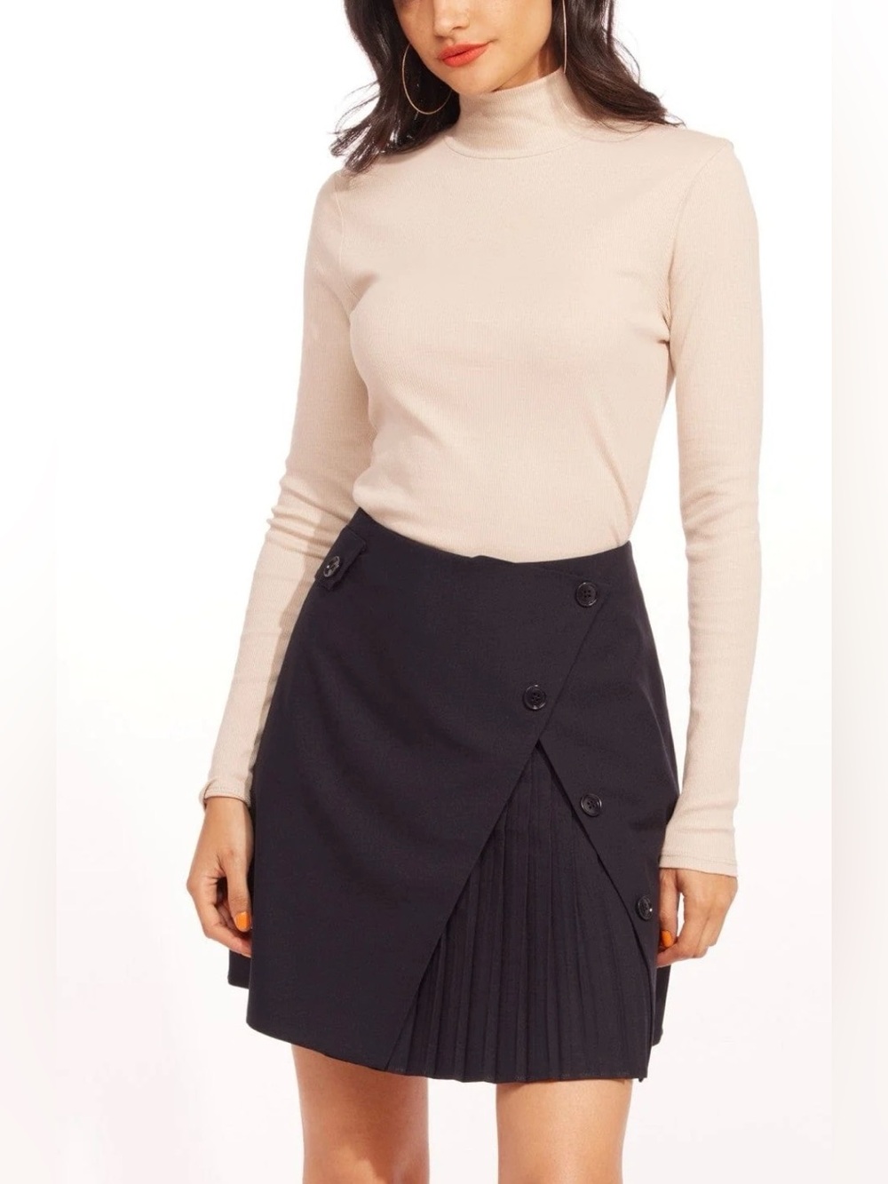Eva Franco Navy Blue Asymmetric Pleated Button Mini Skirt